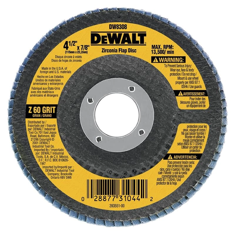 Dewalt High Performance Zirconia Type 29 Flap Disc, 4 1/2" x 7/8" -60G
