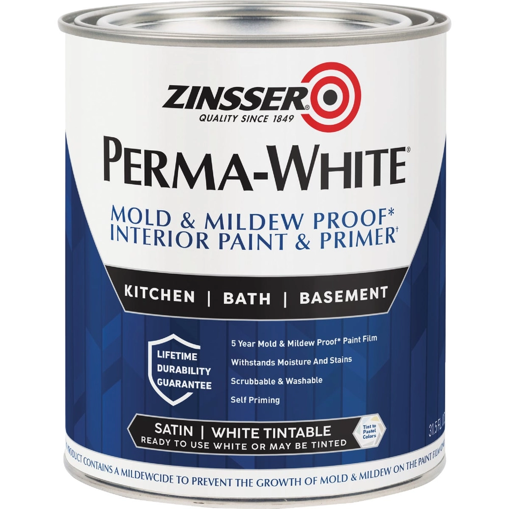 Zinsser Perma-White White-Tintable Satin Quart Mildew Paint, 1 qt