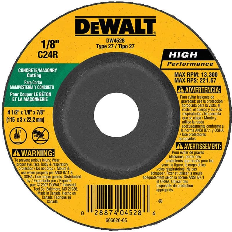 Dewalt High Performance Masonry Cutting Wheel, 4 1/2" x 1/8" x 7/8"