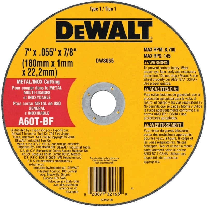 Dewalt High Performance Metal & Stainless Small Diameter Cutting Wheel, 7" x .045" x 7/8"