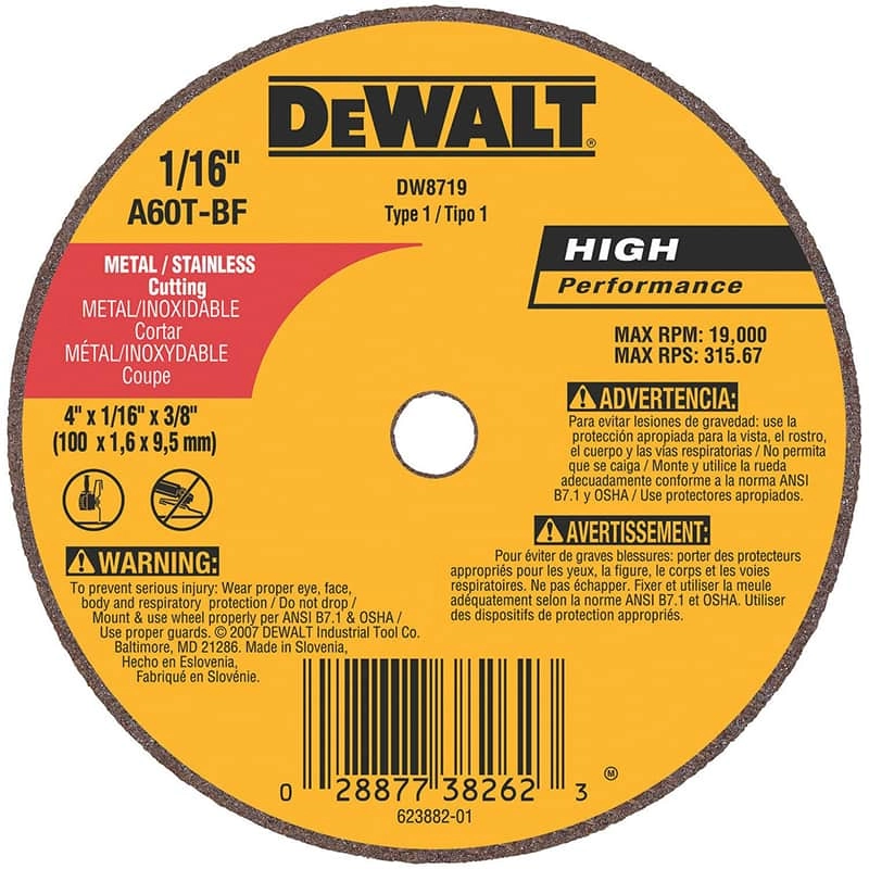 Dewalt High Performance Metal & Stainless Small Diameter Cutting & Grinding Wheel, 4" x 1/16" x 3/8" - A60T
