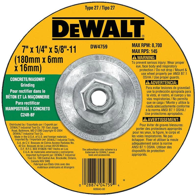 Dewalt High Performance Masonry Grinding Wheel, 7" x 1/4" x 5/8"-11