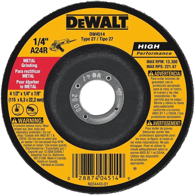 Dewalt High Performance Metal Grinding Wheel, 4 1/2" x 1/4" x 7/8"