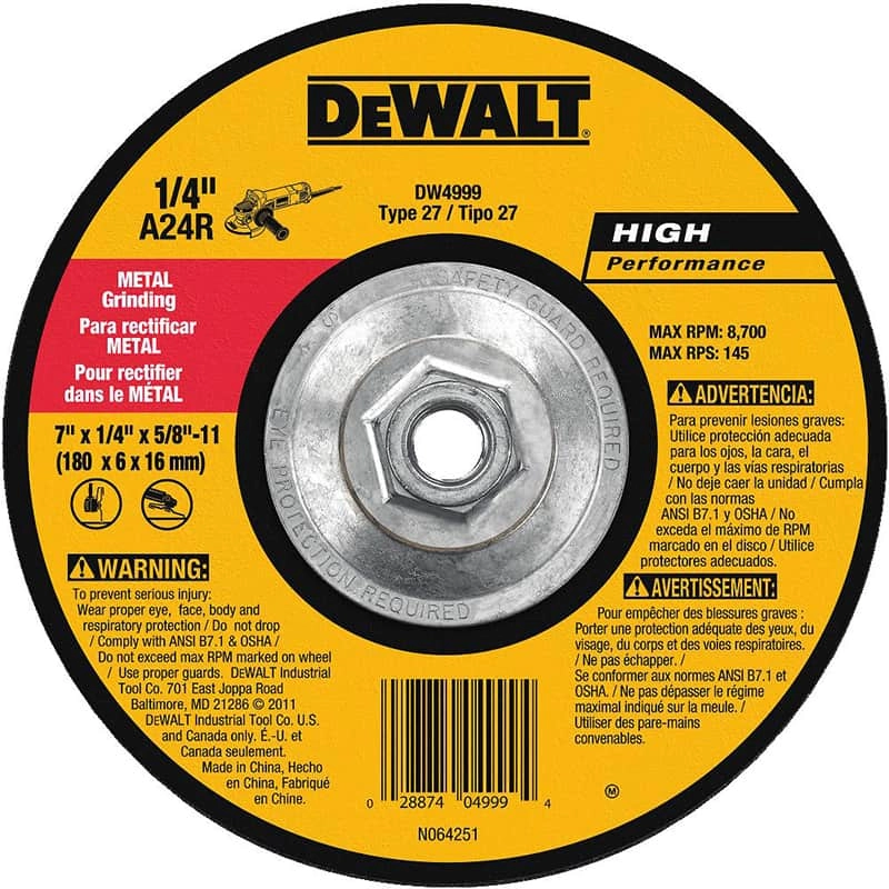 Dewalt High Performance Metal Grinding Wheel, 7" x 1/4" x 5/8"-11