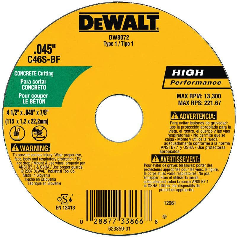 Dewalt High Performance Masonry Small Diameter Cutting Wheel, 4 1/2" x .045" x 7/8"