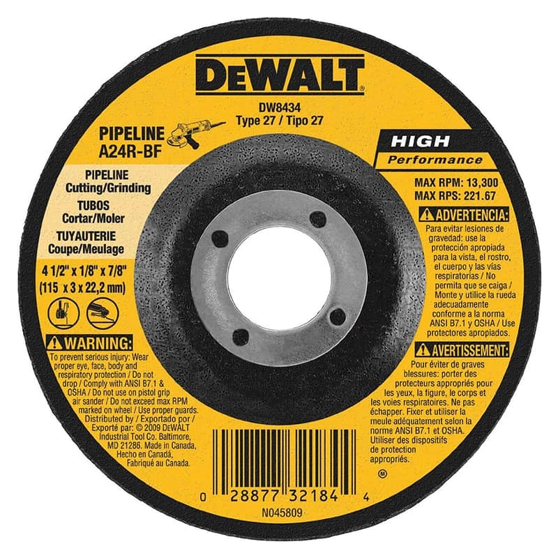 Dewalt High Performance Pipeline Grinding Wheel, 4 1/2" x 1/8" x 7/8"