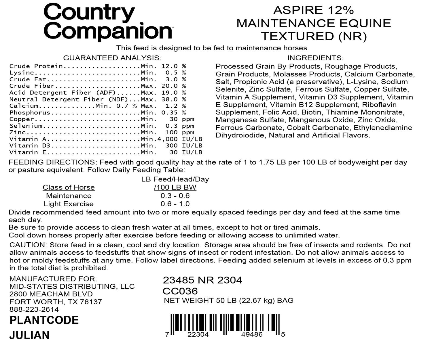 Country Companion ASPIRE 12 Maintenance Equine Formula, 50 lbs.