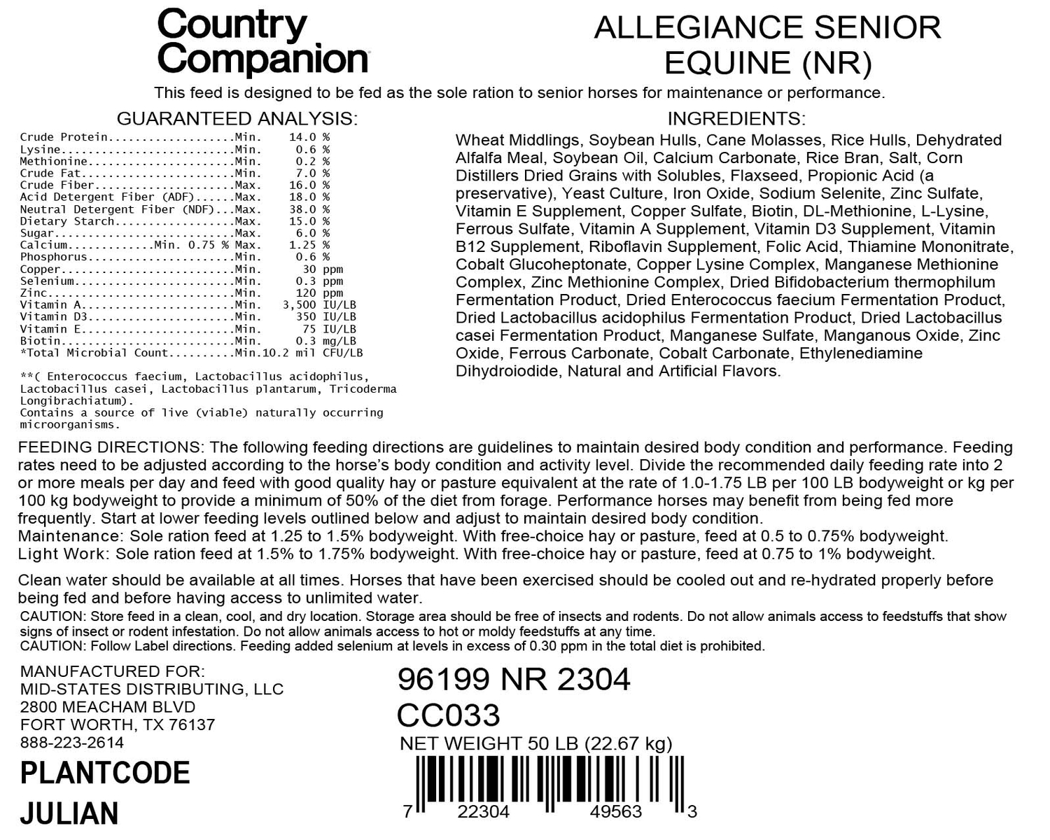 Country Companion ALLEGIANCE 14% Senior Equine Feed, 50 lbs.