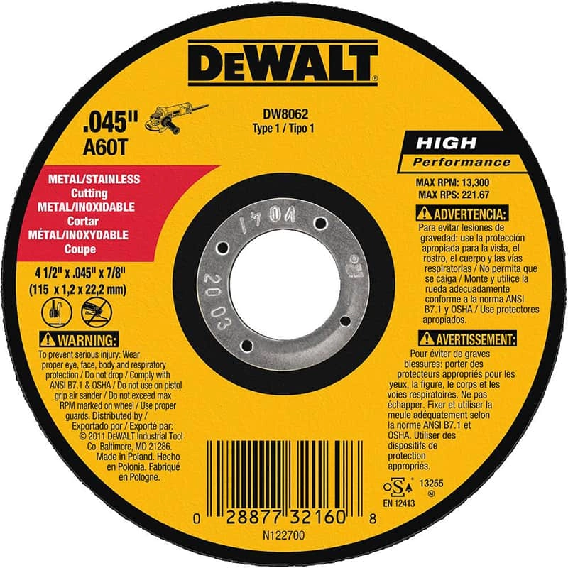 Dewalt High Performance Metal & Stainless Small Diameter Cutting Wheel, 4 1/2" x .045" x 7/8"