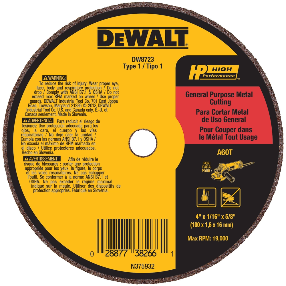 DEWALT HP Type 1 4 In. x 1/16 In. x 5/8 In. Metal/Stainless Cut-Off Wheel