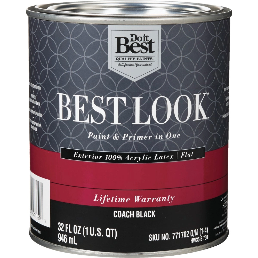 BEST LOOK® 100% Acrylic Latex Premium Paint & Primer In One Flat Exterior House Paint, Coach Black, 1 Qt.