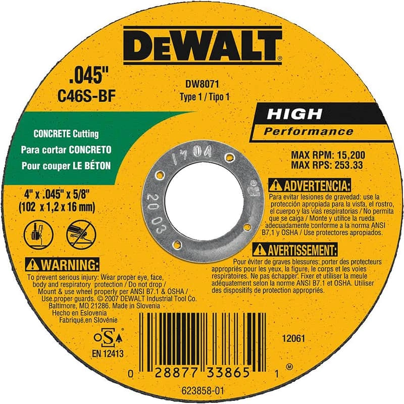 Dewalt High Performance Masonry Small Diameter Cutting Wheel, 4" x .045" x 5/8"